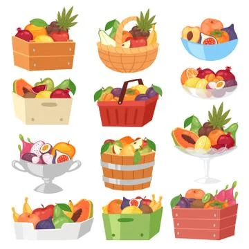 Fruit basket vector fruity apple banana and exotic papaya in box illustration Stock Illustration