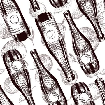 Fruit beer bottles seamless pattern. Cider alcohol wallpaper. Stock Illustration