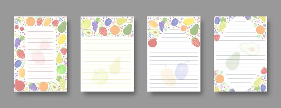 Fruit berry border notebook page lined paper sheet Stock Illustration
