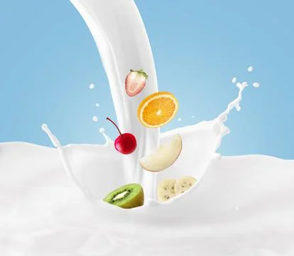Fruit berry mix falling in milk and splashing isolated on blue background. Sm 스톡 일러스트