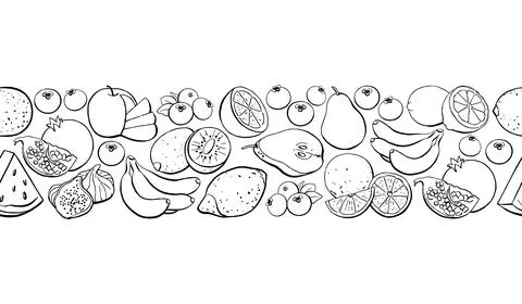 Fruit Border Seamless Pattern, Healthy Food Menu Template. Vector Doodle Il.. Stock Illustration