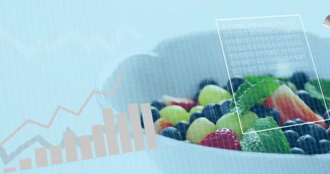 Fruit bowl with data processing animation overlaid, showing binary code and Stock Footage 305205350