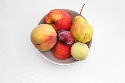 Fruit, bowl, top, table, isolated, clean, minimal, kitchen, food, edible, h.. Stock Photos
