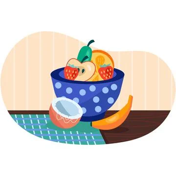 Fruit bowl vector dish with healthy food on table Stock Illustration