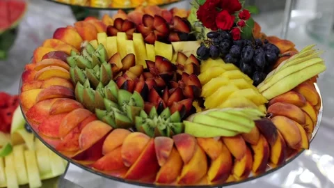 Fruit buffet, many different fruits. A sweet table at a wedding Stock Footage 288482727