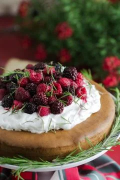 Fruit cake on red background Stock Photos