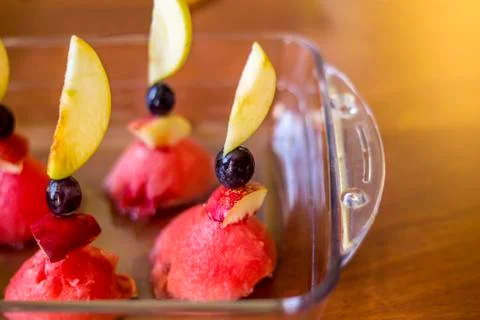 Fruit canape snacks on tray Stock Photos