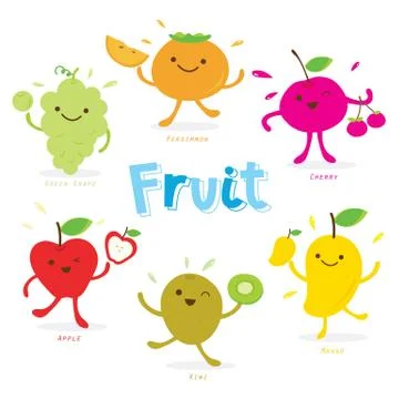 Fruit Cartoon Cute mango apple kiwi grape cherry persimmon Vector	 Stock Illustration