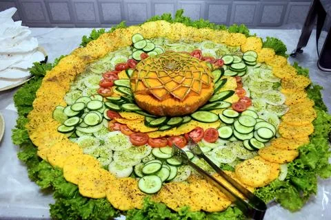 Fruit carvings on the buffet table Stock Photos