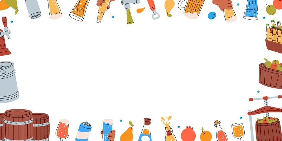 Fruit cider elements in horizontal banner. Wooden barrels, cans, glasses, mugs Stock Illustration