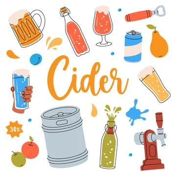 Fruit cider set. Cans, glasses, mugs, metal keg, bottle opener, tap, fruits Stock Illustration