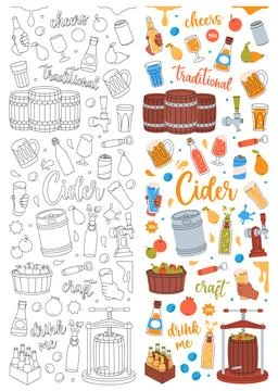Fruit cider set. Hand drawn craft fruit beer collection. Cider process Stock Illustration