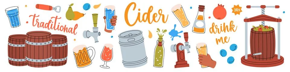Fruit cider set. Hand drawn craft fruit beer collection. Harvest of pears Stock Illustration
