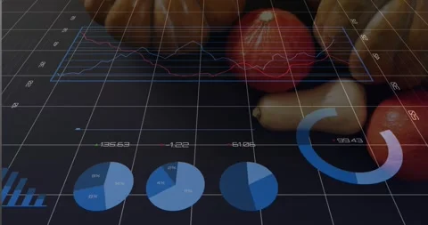 Fruit cluster driving bars rising pie charts filling line graphs shifting on Stock Footage 329226172