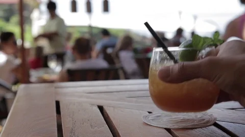 Fruit Cocktail Drink Placed on Bar Top Stock Footage