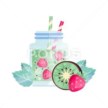 Fruit cocktail with kiwi and strawberry. Glass jar of refreshing vegetarian Stock Illustration