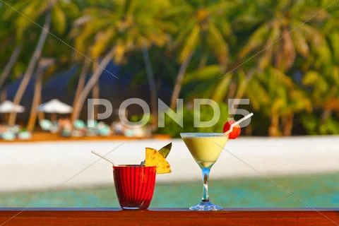 Fruit cocktail on Maldives beach Stock Photos