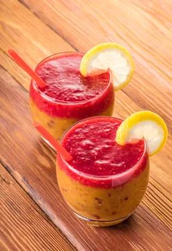 Fruit cocktail peach and raspberry Stock Photos