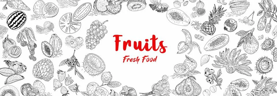 Fruit collection in flat hand drawn style, illustrations set. Stock Illustration