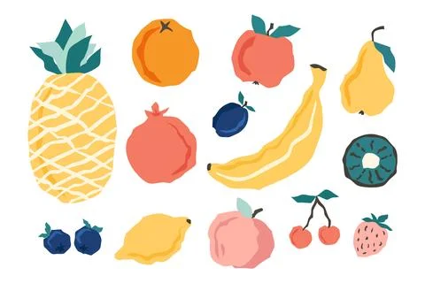 Fruit collection in flat hand drawn style cartoon illustrations. Tropical fruit Stock Illustration