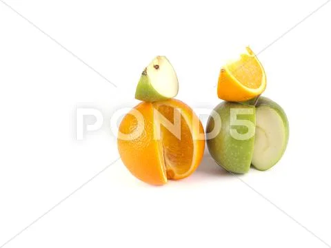 Fruit composition of apple and orange Stock Photos