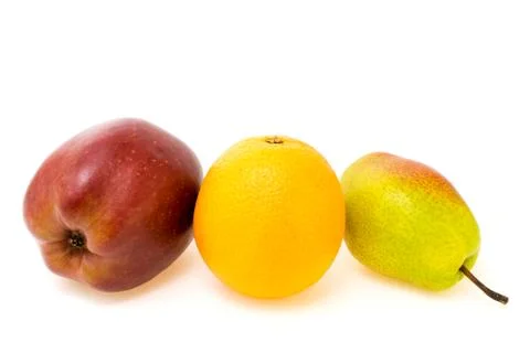 Fruit composition of apple with orange and pear Stock Photos