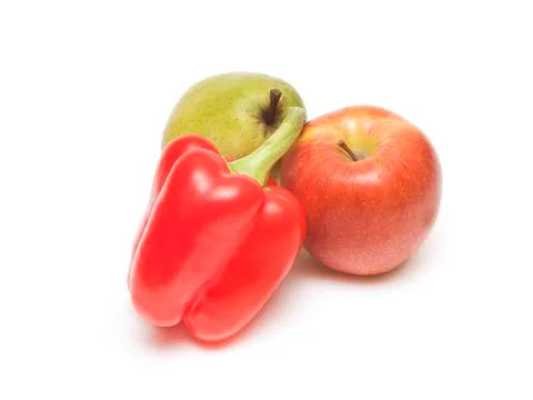 Fruit composition of apple pear and pepper Stock Photos