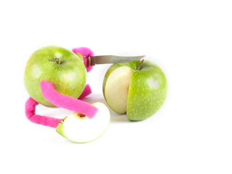 Fruit composition of apples and a knife Stock Photos