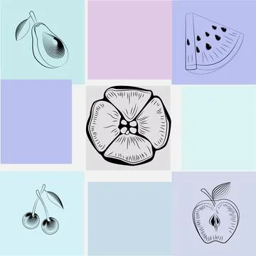 Fruit composition on multi-colored squares. Stock-Illustration