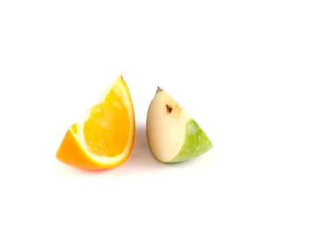 Fruit composition of slices of apple and orange Stock Photos