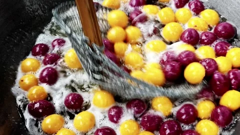 Fruit cooking process kitchen food indoor top-down view culinary art Stock Footage 313972384