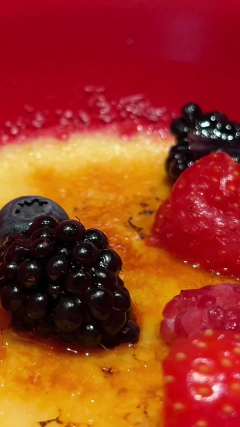 Fruit creme brulee Panning shot of creme brulee with strawberry and mint leaf on 스톡 동영상 293514366