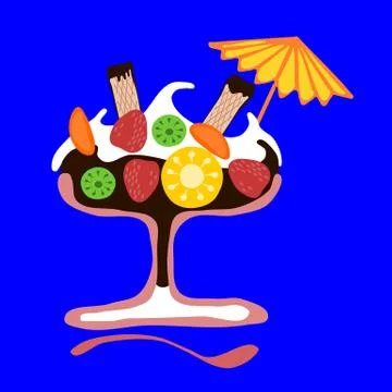 Fruit cup with brown and white cream in retro style isolated on blue background Stock Illustration