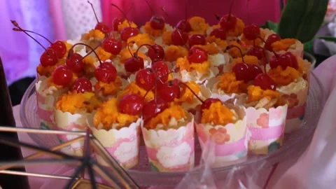 Fruit Cupcake on a bunch with Cheese coated cake season Stock Footage