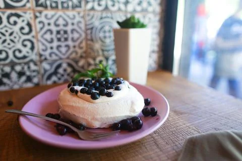 Fruit dessert in cafe on plate Stock Photos