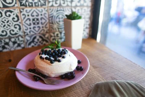 Fruit dessert in cafe on plate Stock Photos