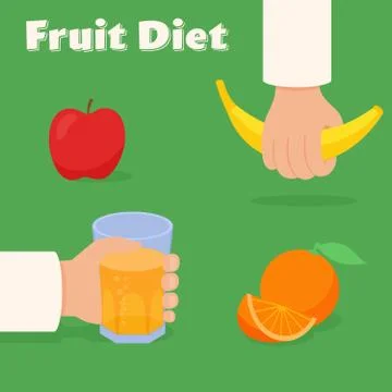 Fruit diet vector concept. Hands with banana and a glass of juice. Apple and  Illustrazione stock