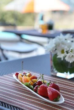 Fruit dish on a cafe table Stock Photos