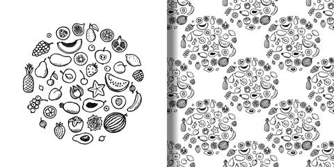 Fruit doodle hand drawn set and seamless pattern Illustrazione stock