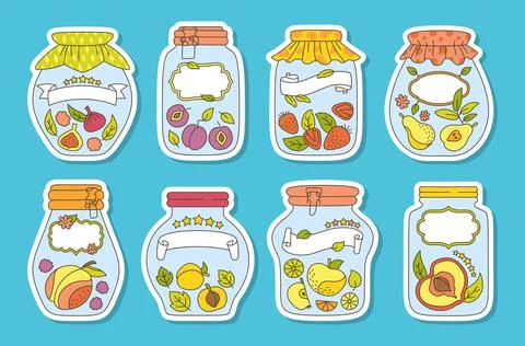 Fruit doodle jar label sticker set tag flat vector Stock Illustration