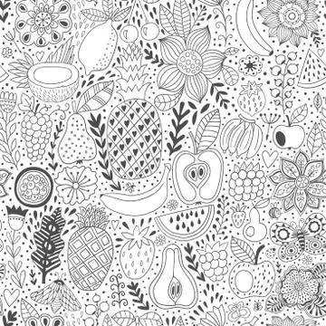 Fruit doodles seamless vector pattern. Hand drawn summer backdrop Stock Illustration