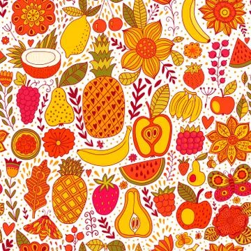 Fruit doodles seamless vector pattern. Hand drawn summer backdrop Stock Illustration
