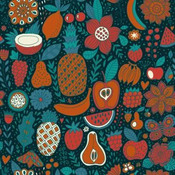 Fruit doodles seamless vector pattern. Hand drawn summer backdrop Stock Illustration
