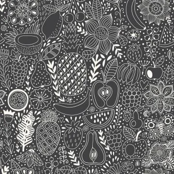 Fruit doodles seamless vector pattern. Hand drawn summer backdrop Illustrazione stock
