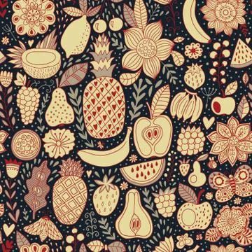 Fruit doodles seamless vector pattern. Hand drawn summer backdrop Stock Illustration