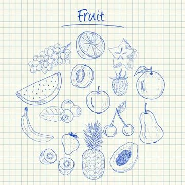 Fruit doodles - squared paper Stock Illustration