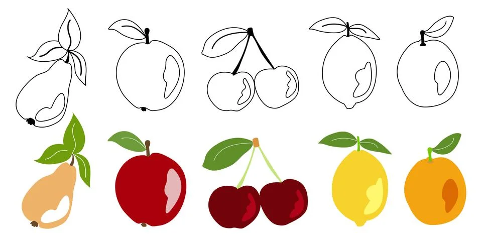 Fruit drawn icons vector set. Isolated on white background Stock Illustration