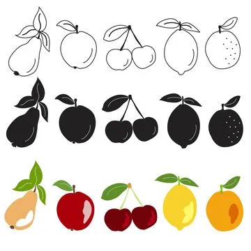 Fruit drawn icons vector set. Illustration of colored and monochrome fruits Stock Illustration