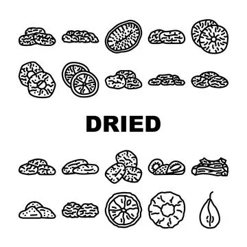 Fruit dry snack nut mix icons set vector Stock Illustration