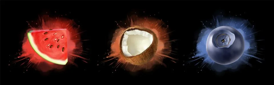Fruit explosion set with realistic 3d splashes Stock Illustration